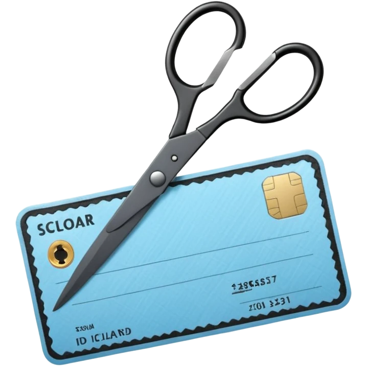 Floating black Scissors cutting a light blue military ID card in 2 parts .hyper realistic emoji