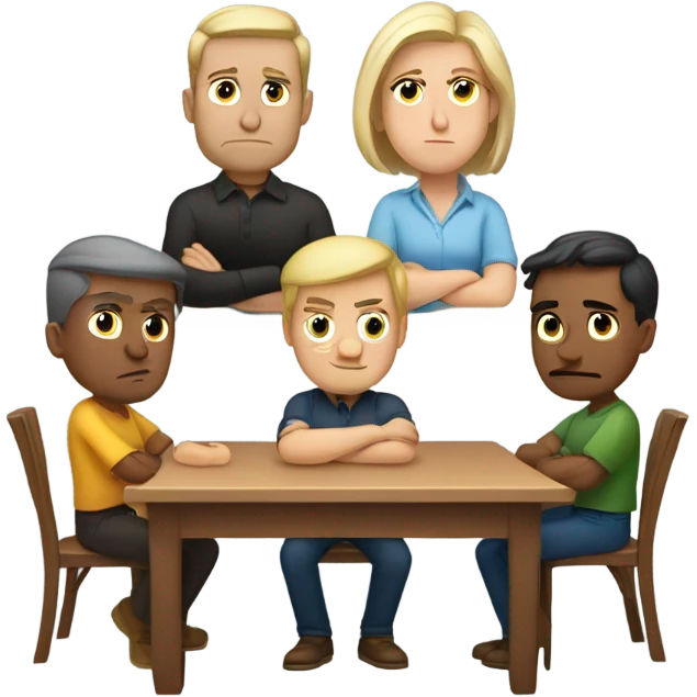 6 Caucasian people sitting around a table looking unhappy emoji