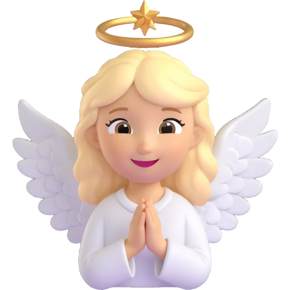 a cute blond-haired angel, smiling, giving a blessing, golden halo, white wings, gentle light emoji