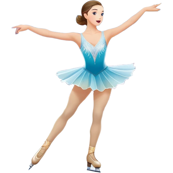 An colorful icon featuring a graceful figure skater performing a spin on the ice. The background includes a grand ice rink palace with shining spotlights and cheering spectators in the stands. Transparent background highlights the elegance and artistry of figure skating emoji