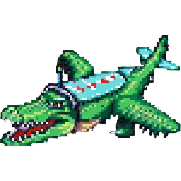 cartoon crocodile-airplane hybrid, side view, pixel art style emoji