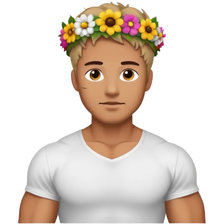Man with flower crown and white shirt, body emoji