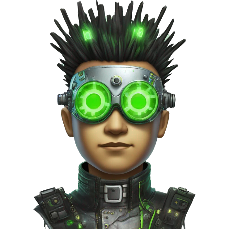 Mohawk hair with neon green highlights Asian male cyborg head with neon silver steampunk goggles and circuits emoji