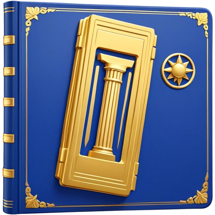 A golden yellow book with royal blue accents, smooth and polished, embossed with a symbol of six pillars, a sun, or a glowing mirror, radiating strength, confidence, and the power of self-worth.  emoji