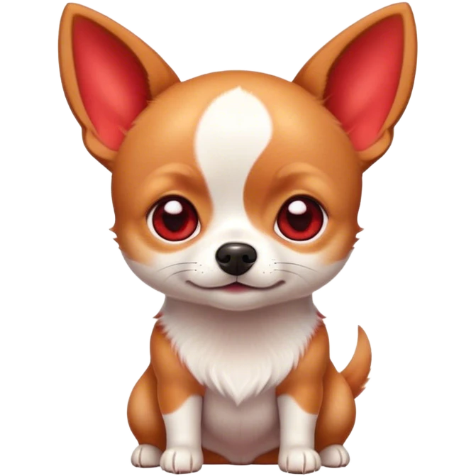 Cinematic Cute Red/White Short Haired Chihuahua Portrait Emoji, Head tilted playfully and inquisitively, smooth red and white fur with a vibrant sheen, round, sparkling dark eyes filled with curiosity, Simplified yet irresistibly adorable features, highly detailed, glowing with a warm, friendly glow, high shine, affectionate and lively, stylized with a touch of whimsy, bright and endearing, soft glowing outline, capturing the essence of a mischievous yet loving pup, so playful it feels like it could bound out of the screen and into your arms! emoji