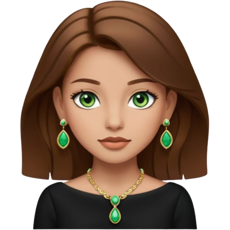Μια κοπέλα καστανή με μαύρα ωραία ρουχα και σκουλαρίκια και κοσμήματα και βαμμένη ελαφρό και πράσινα μάτια  emoji