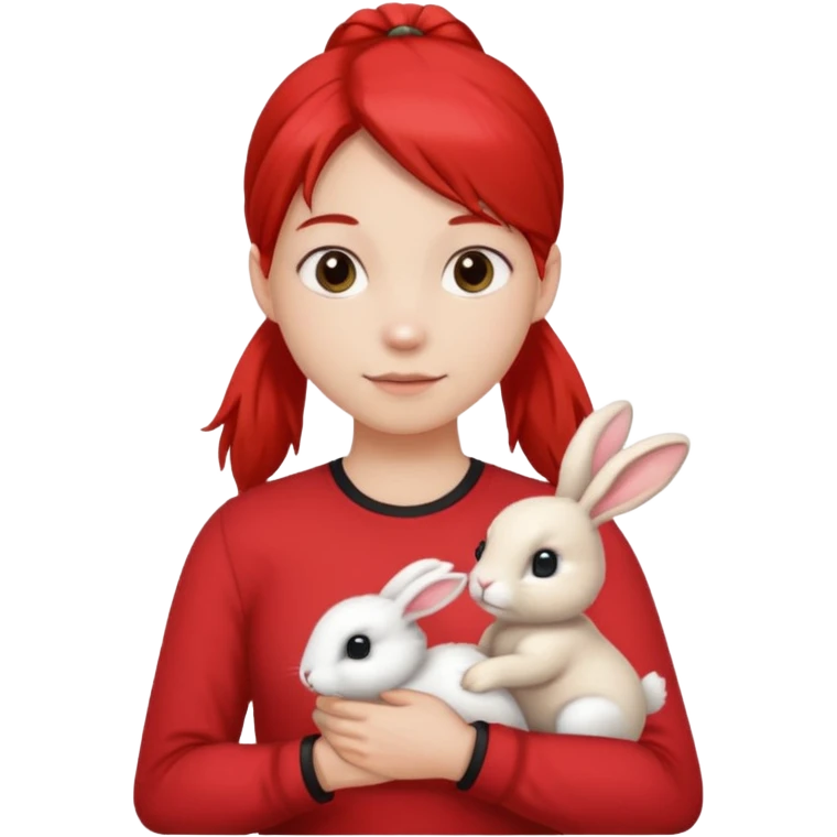 white bunny, pet lover, red shirt, pony tail. emoji