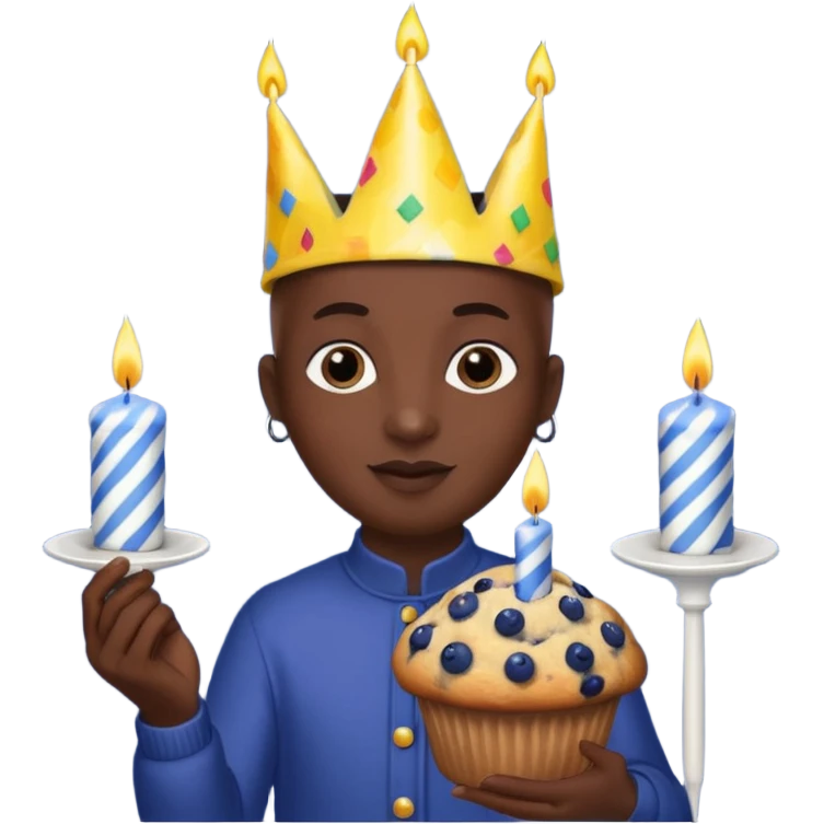 Blueberry Muffin celebrating birthday. Make sure it actually looks like a muffin with candles. Somebody holding it with party hat and bald emoji