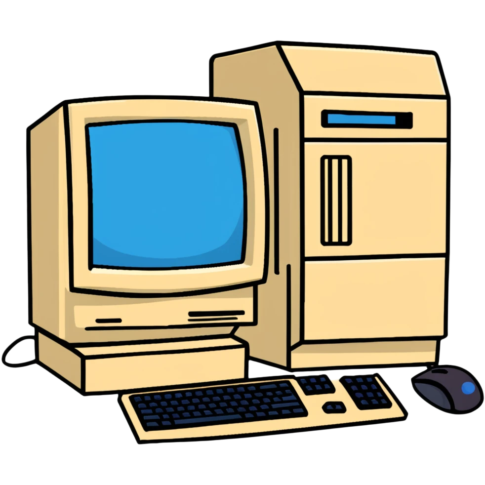Early 2000s desktop computer, beige plastic casing, CRT monitor with blue screen, tower CPU with CD drive, separate wired keyboard and mouse, simple tech setup emoji