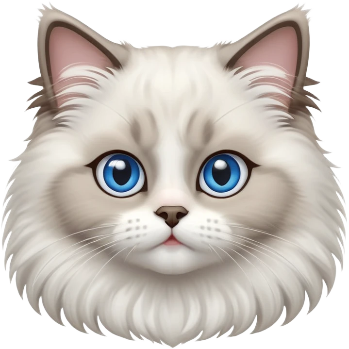 cinematic-adorable-big-eyed-fluffy-ragdoll-cat-portrait-emoji,-head-tilted-playfully-with-a-sweet-expression,-fluffy-white and grey-fur,-simplified-yet-irresistibly-cute-features-with-large,-expression, Large blue eyes emoji