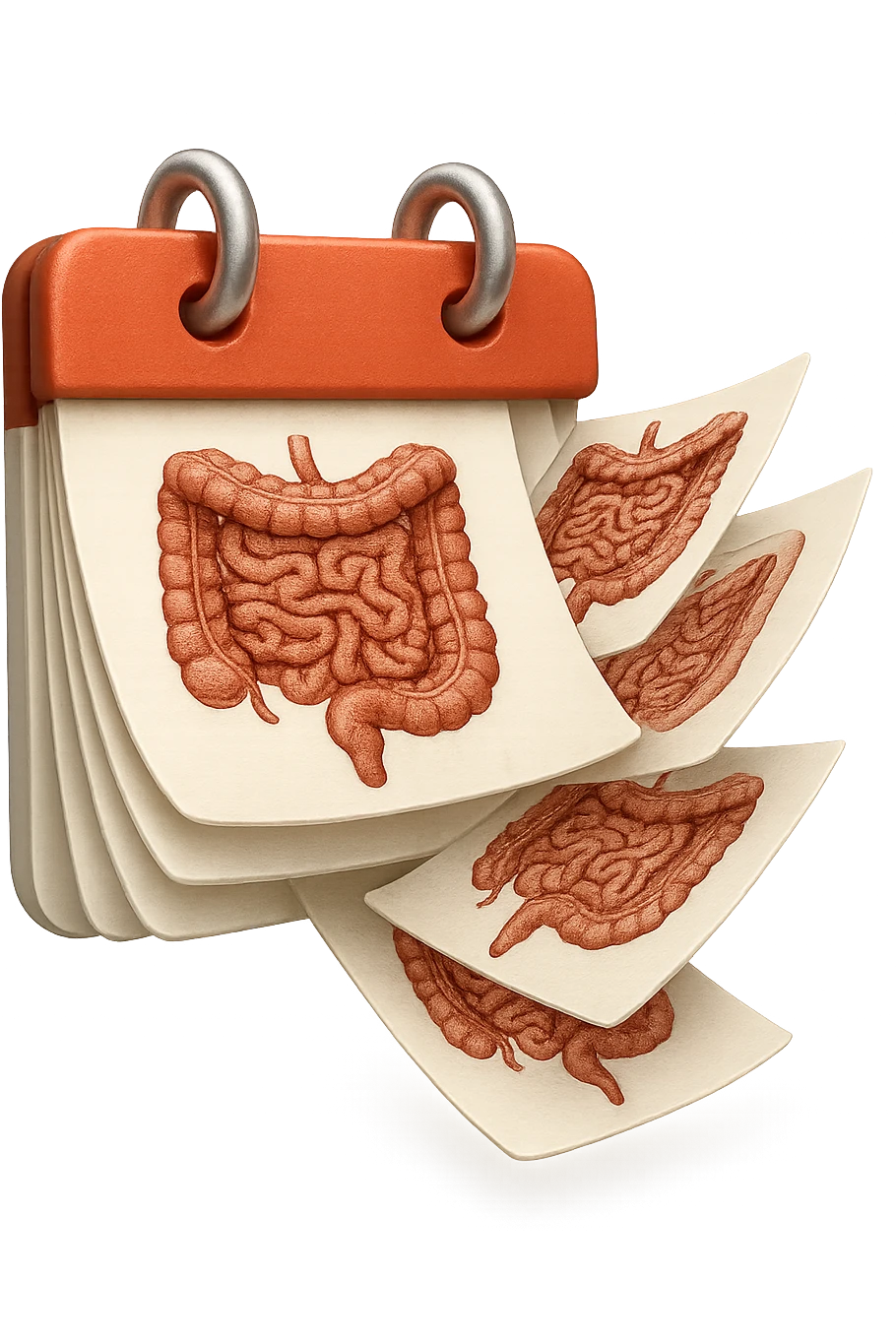 emoji stile iphone di un calendario con fogli che volano insieme, sui fogli ci sono disegnati degli intestini anatomici, iperrealistico 4k, isolato su sfondo bianco emoji