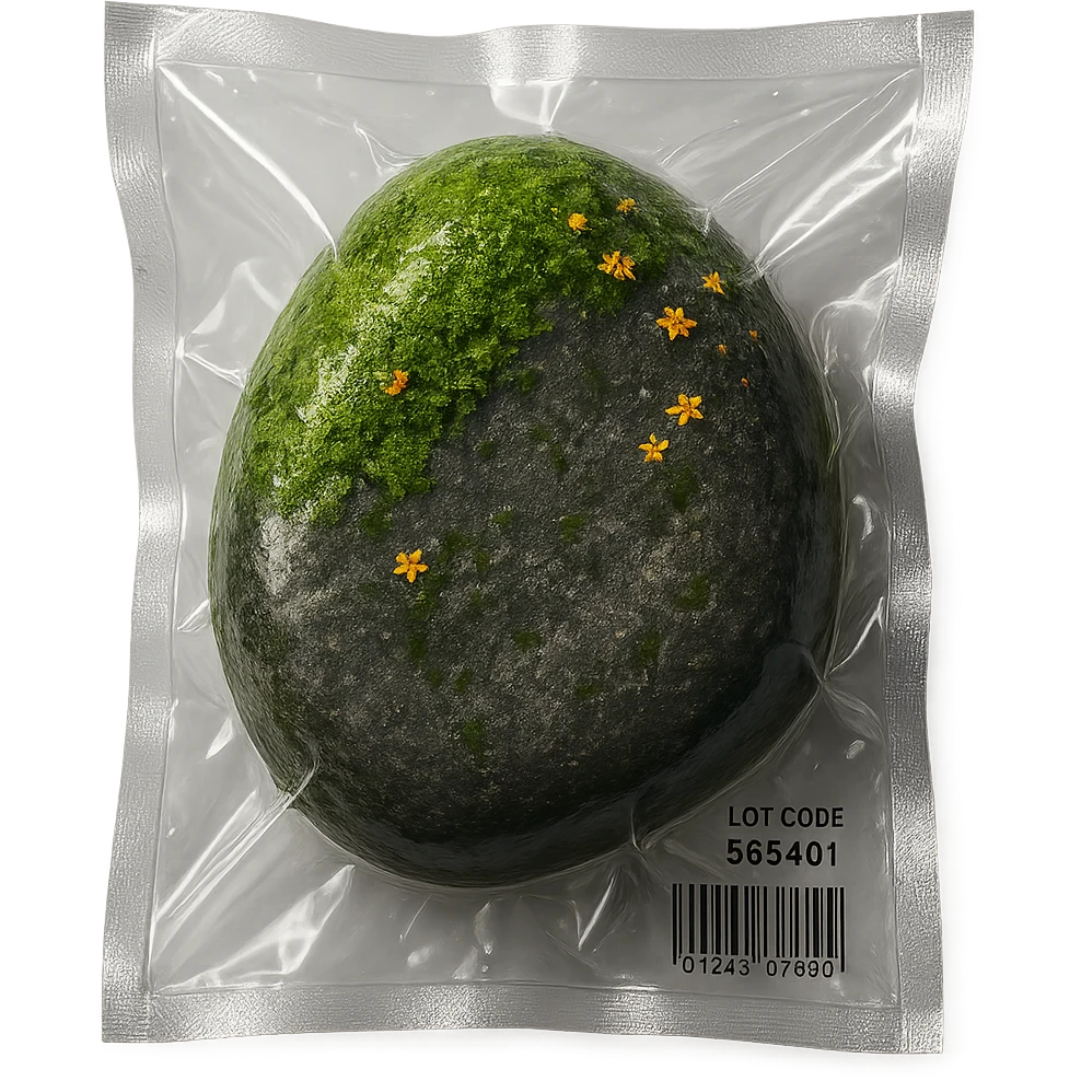 smooth stone with thick moss and scattered small flowers, glossy emoji