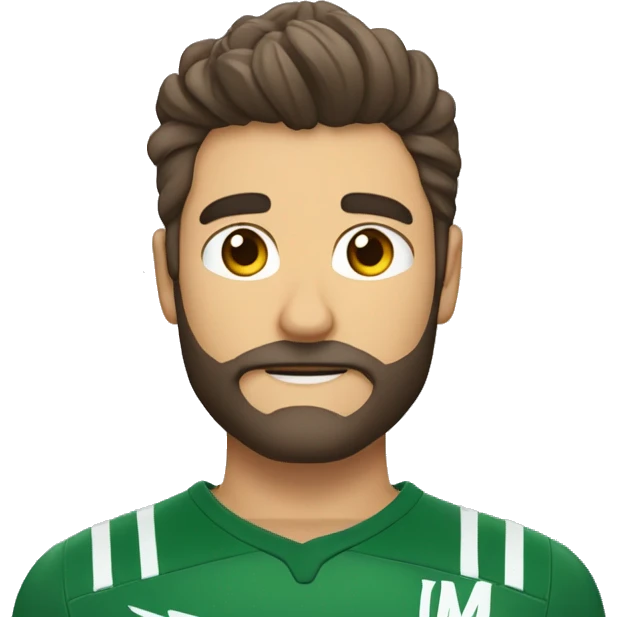 Um homem moreno de estatura alta, com cabelo repartido de lado, barba rala por fazer, magro e atlético com postura de vencedor e mentor de sucesso.  emoji