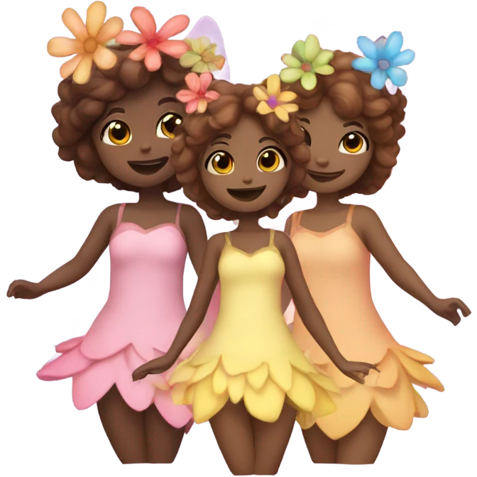 Four fairies with different grades of brown hair, in cute flower dresses like petals  emoji