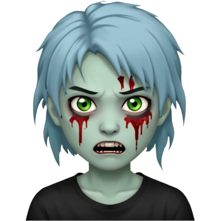 3D emoji-style avatar with very pale blue-grey zombie skin, dark brown hair, a young Asian face, and large green eyes with blood tears. Give it white litle bit messy mullet hair style , silver hoop earrings, and a plain black T-shirt. The face expression should be slightly angry, with vampire fang emoji