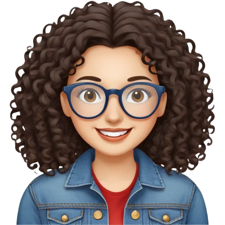 Mujer caucasian, cara redonda, gafas grandes rectangulares, cejas delgadas, pelo oscuro rizado largo. Sonrisa amplia, expresión feliz. Chaqueta de mahón. emoji
