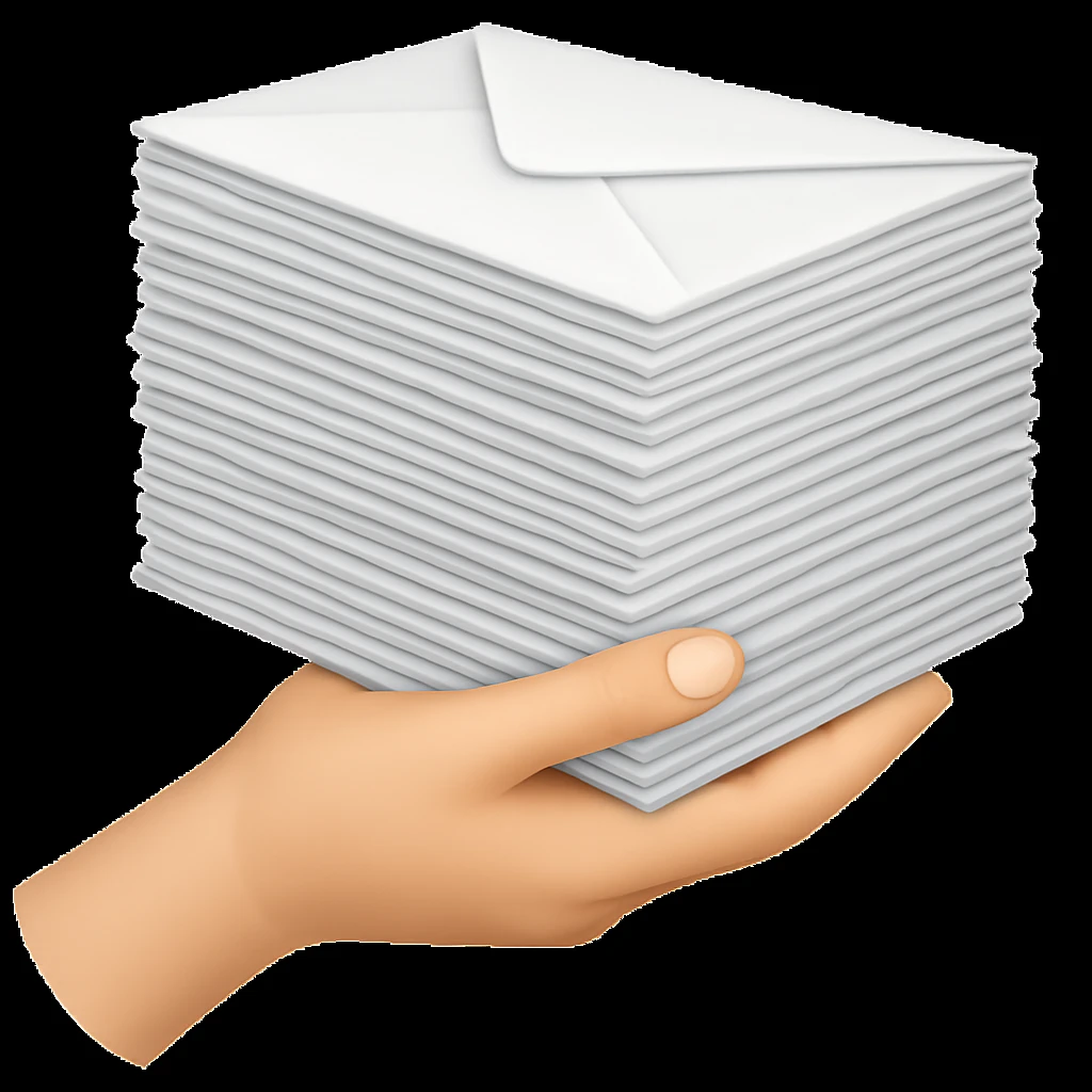Make the stack of mail much larger while keeping the hand holding it, in the style of emoji. emoji
