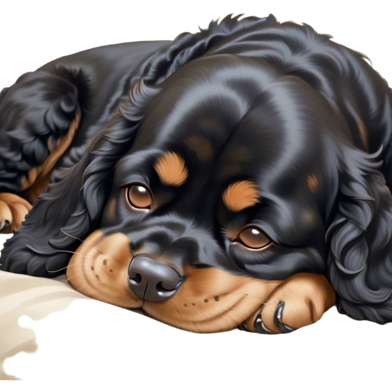 Cinematic Meme-Worthy Chubby Sleeping Black Cocker Spaniel Portrait Emoji, Head resting peacefully with a contented smile, showcasing a delightfully chubby build and a luxuriously soft black coat with gentle tan markings, eyes shut in a serene nap, Simplified yet hilariously adorable features, highly detailed, glowing with a soft, drowsy light, high shine, relaxed and utterly lovable, stylized with an air of playful laziness, bright and heartwarming, soft glowing outline, capturing the essence of a comically sleepy companion, so meme-worthy it feels like it could instantly become the next viral sensation of adorable slumber! emoji