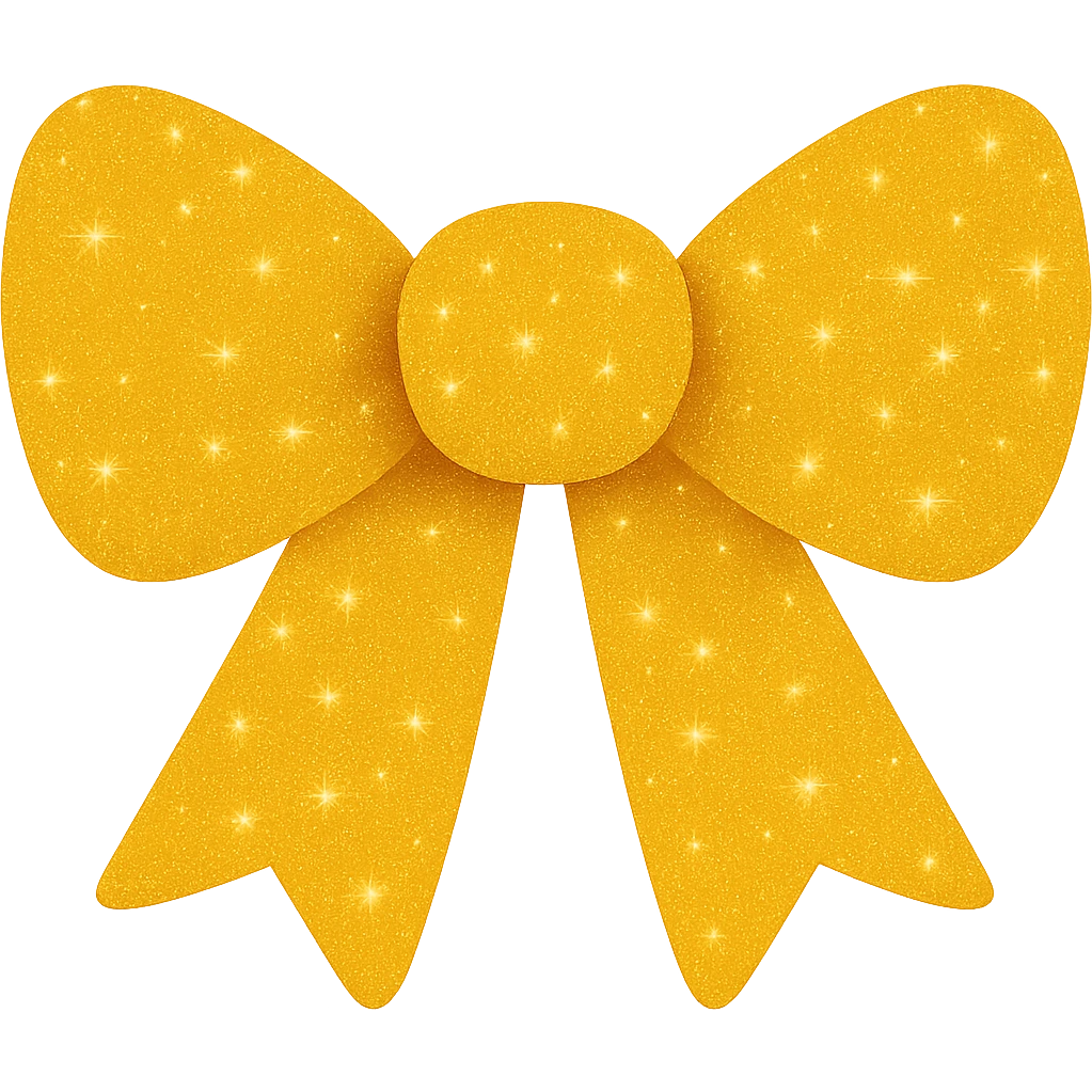Make the decorative bow yellow and covered in glitter, shiny and vibrant, no background. The style should be shiny and vibrant with glitter. emoji