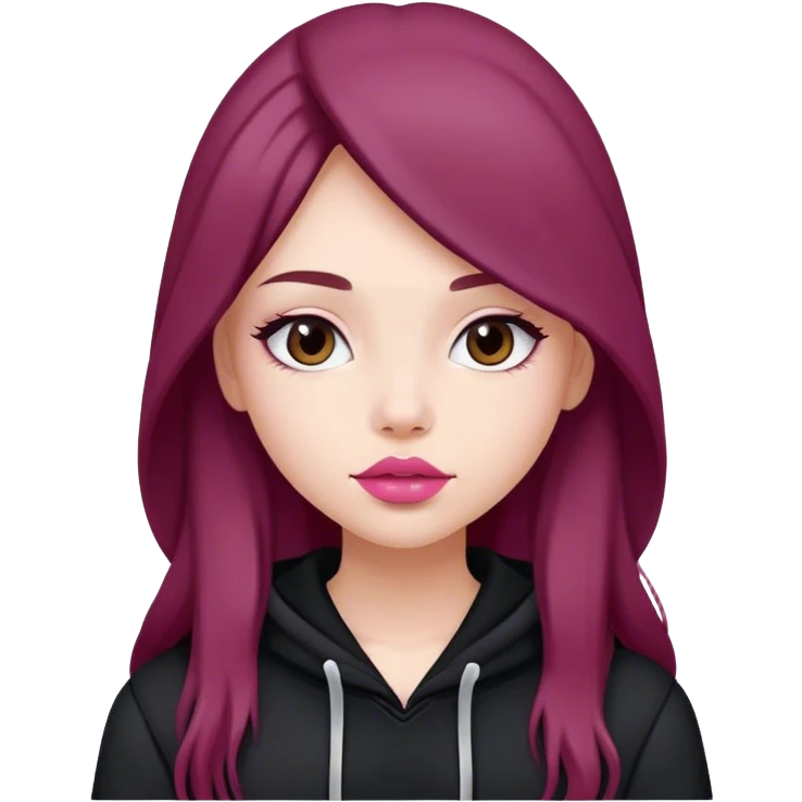 Maroon long hair fair skinned Girl with pink lips wearing a  black colored hoodie  emoji