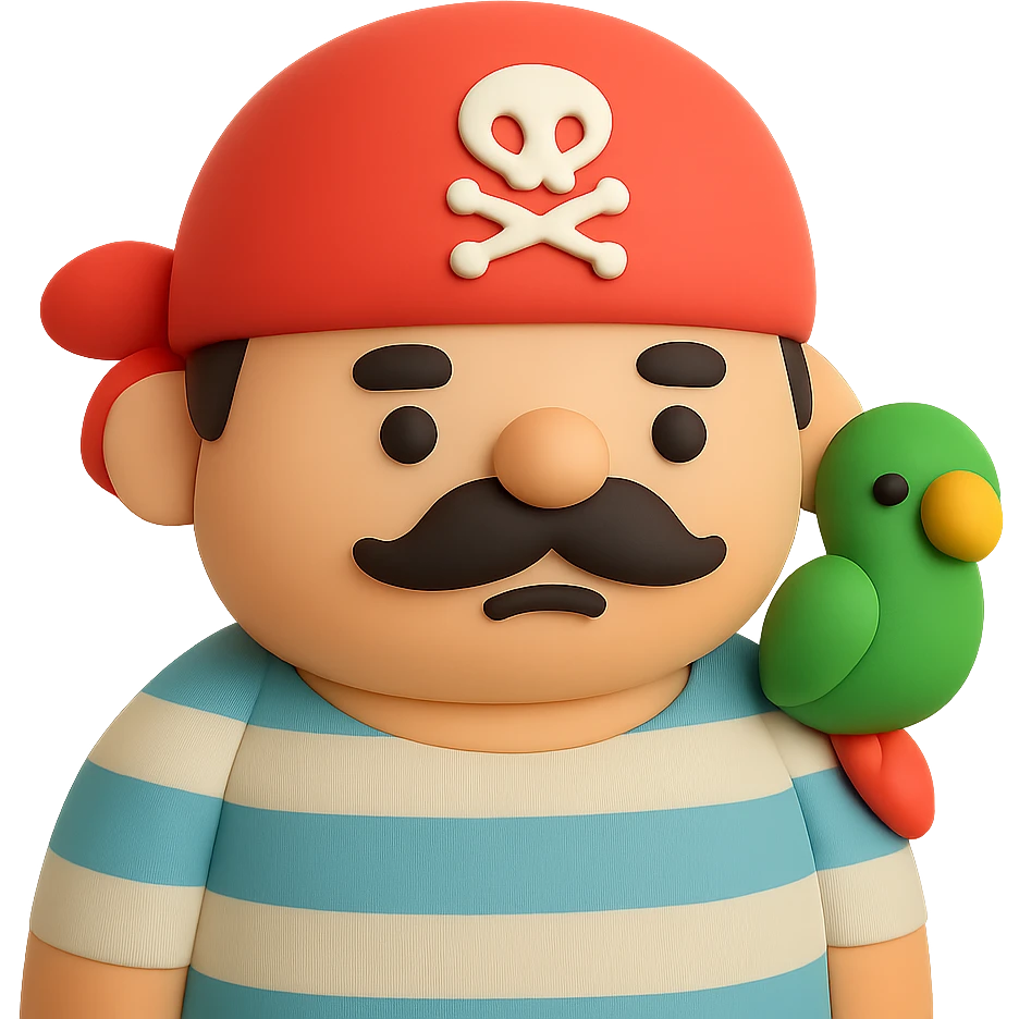 A chubby pirate character with bandana, striped shirt, and parrot on shoulder emoji