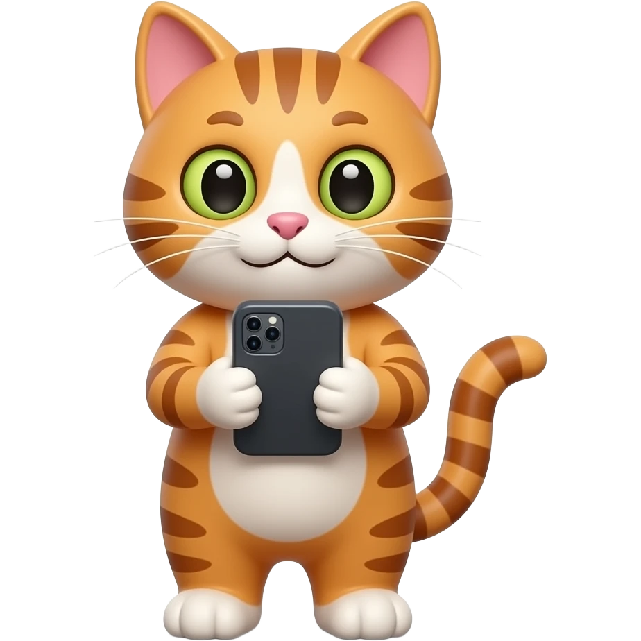Glossy 3D rendered realistic cat emoji standing upright on two legs, detailed fur and features, front-facing, holding and looking at a smartphone, slightly rounded edges, soft shading, white background emoji