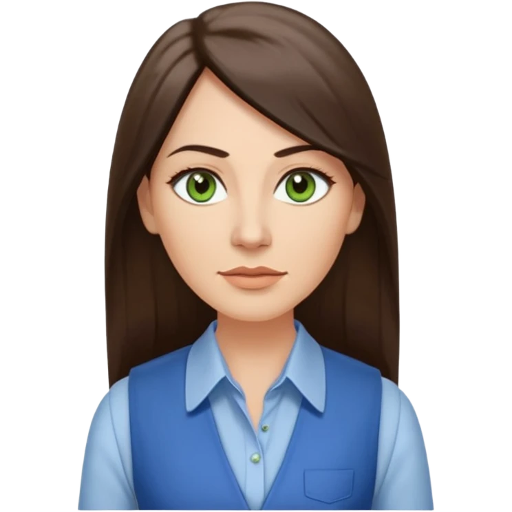 43 year old Adult woman avatar, light skin tone, long, oval face, long straight ashy brown hair, green almond-shaped eyes with dramatic eyelashes and minimal eyeliner, neutral mouth, medium straight eyebrows, average nose, smooth skin,  white collared button down shirt, blue vest emoji