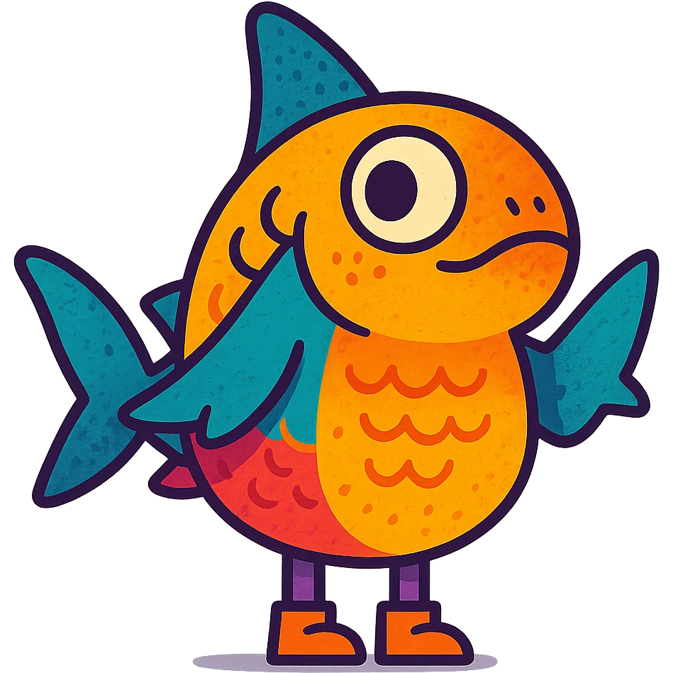 playful cartoon animal with fish-like body, shark hands, tiny shoes, bright colors, detailed textures, curious expression emoji