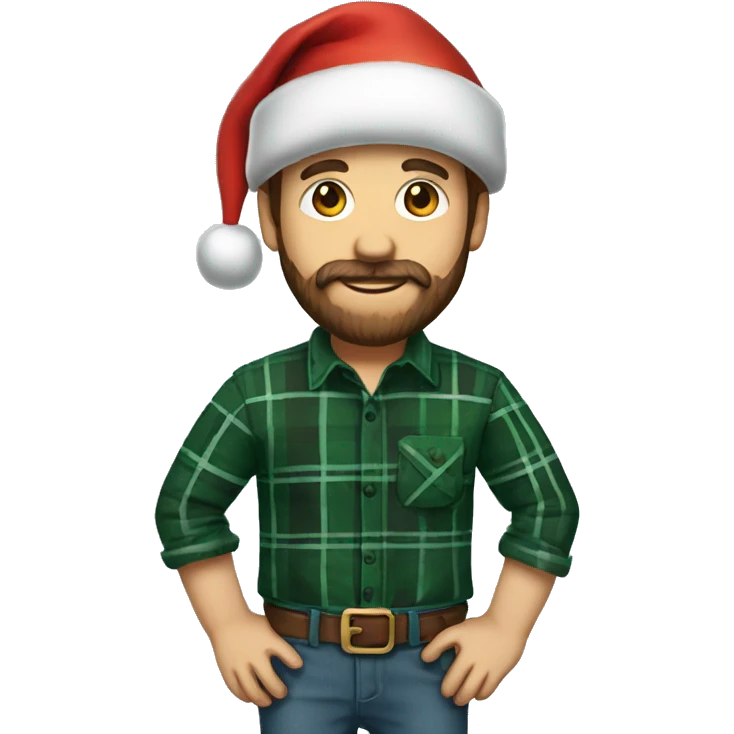 Man with a beard and brown hair wearing a green and black plaid flannel shirt and a Santa hat emoji