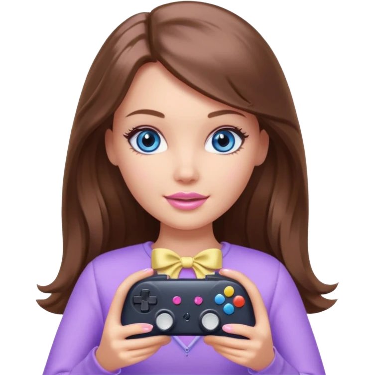 beautiful barbie girl with long brown hair, blue eyes and wearing light purple clothes playing console games with controller emoji