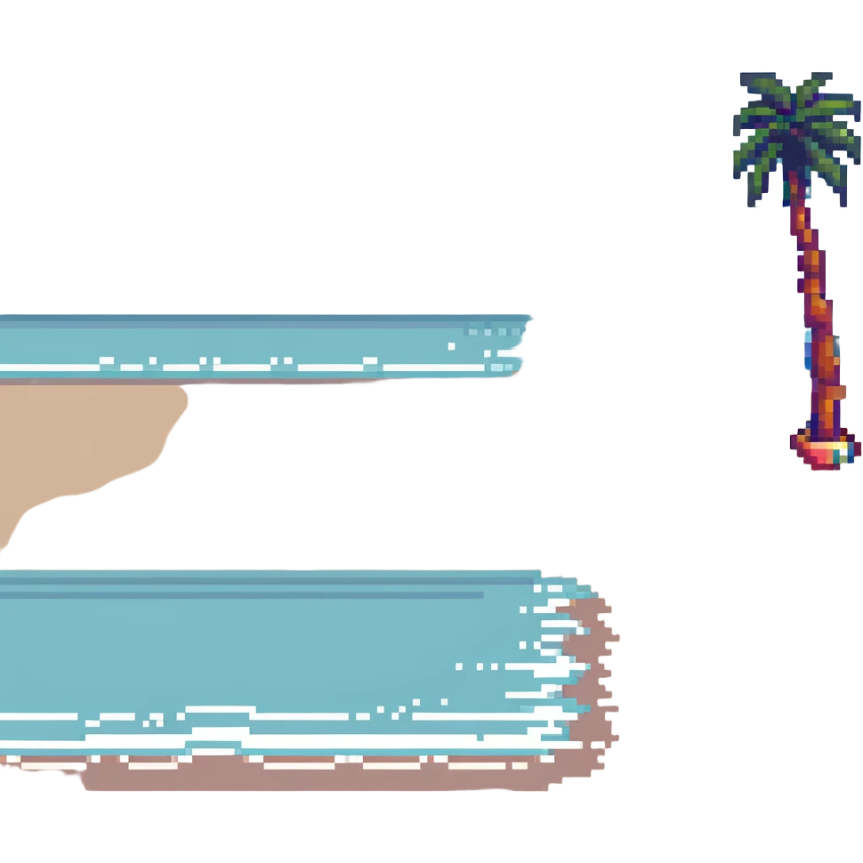 beach with palm tree and waves in pixel art style emoji