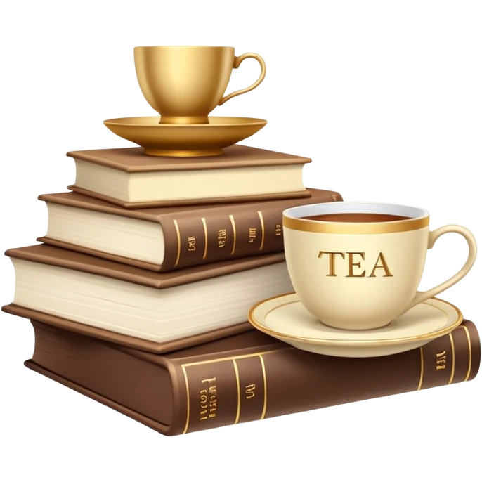 A stack of classic books with a gold embossed title, next to a cup of tea, soft neutral colors (vanilla, beige, leather) emoji