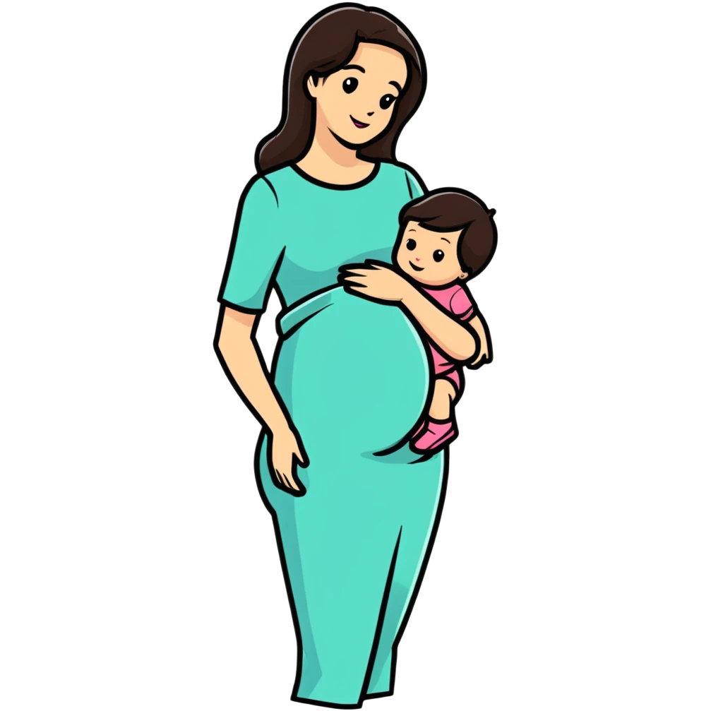 Beautiful brunette pregnant woman with baby bump emoji