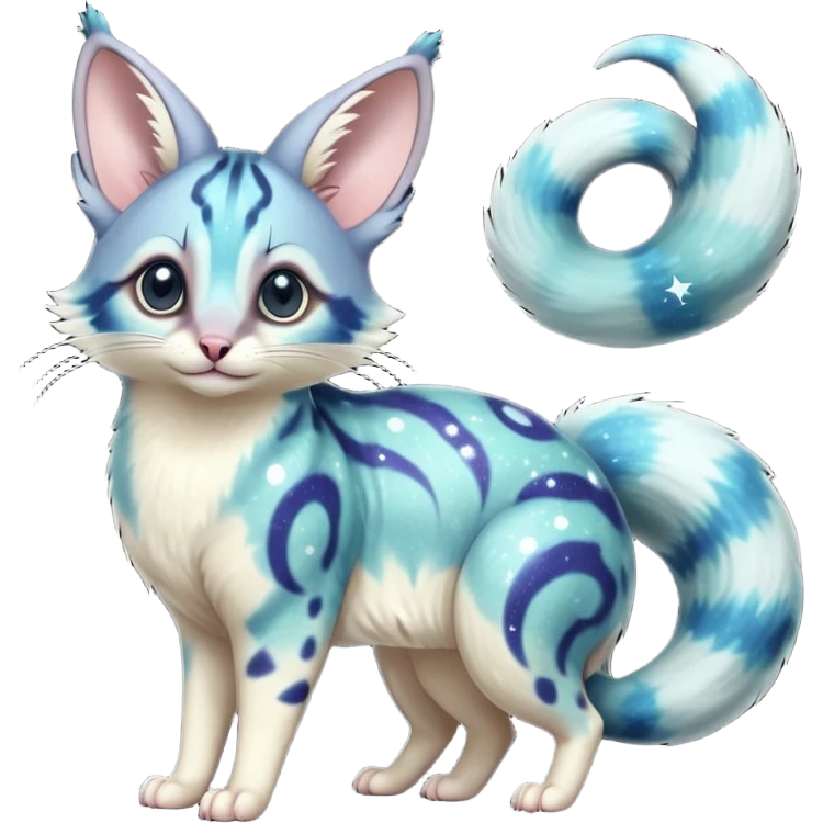 Hyper realistic  galaxy-swirl indigo-teal fur scattered with star-salt sparkle grains beautiful elegant pretty precious cute  Fakémon-Pokémon-opossum-feline-serval-caracal-chinchilla-Furret-Minccino-hybrid-creature with a big fluffy bushy tail (full body) emoji