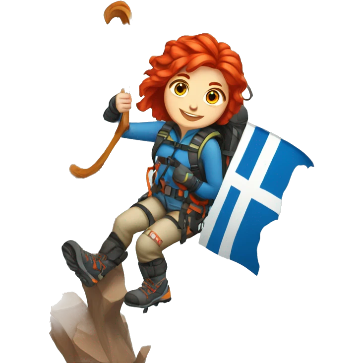 Female winter mountain climber red hair climbing with Greek flag Easter eggs emoji