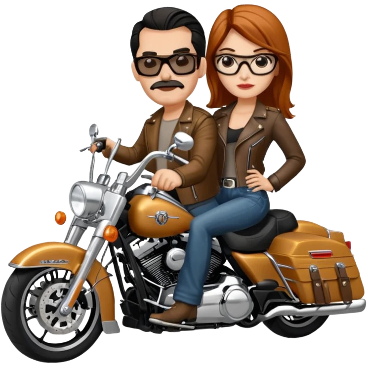 Un couple de biker sur une harley road king noire, l'homme sans moustache et une paire de lunettes demetz ros21, la fille a des cheveux plus dans les tons chatain emoji