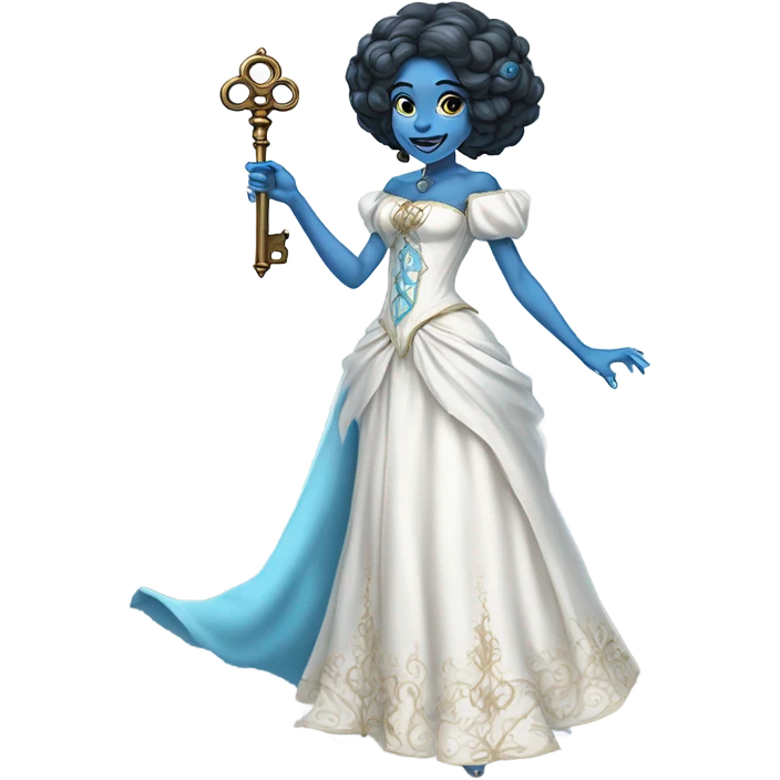 elf blue witch woman login holding a big key in white victorian dress, full body emoji