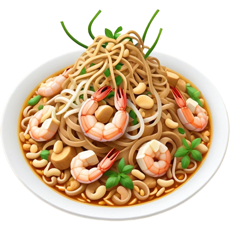 Cinematic Realistic Pad Thai Dish Emoji, depicted as stir-fried rice noodles with shrimp, tofu, peanuts, and bean sprouts rendered with vibrant textures and dynamic, appetizing lighting. emoji