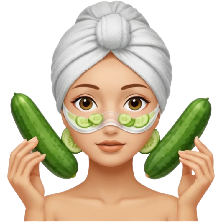 girl with her hair in a towel turban and a faks mask on and cucumber slices over her eyes at a spa emoji