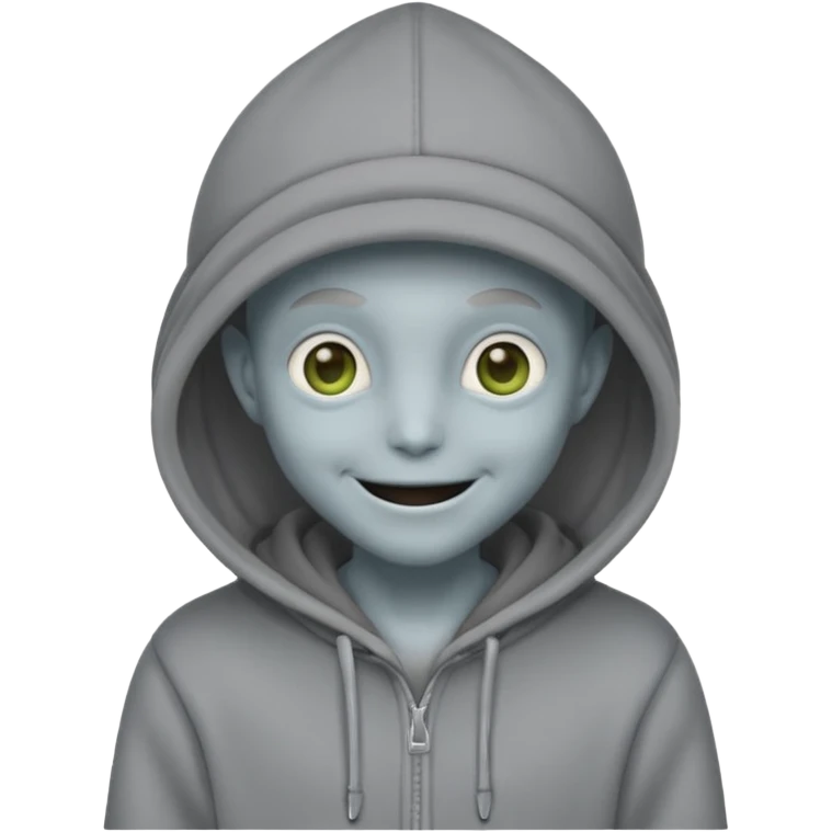alien in gray hoodie full height, wear hoodie hat, happy emoji