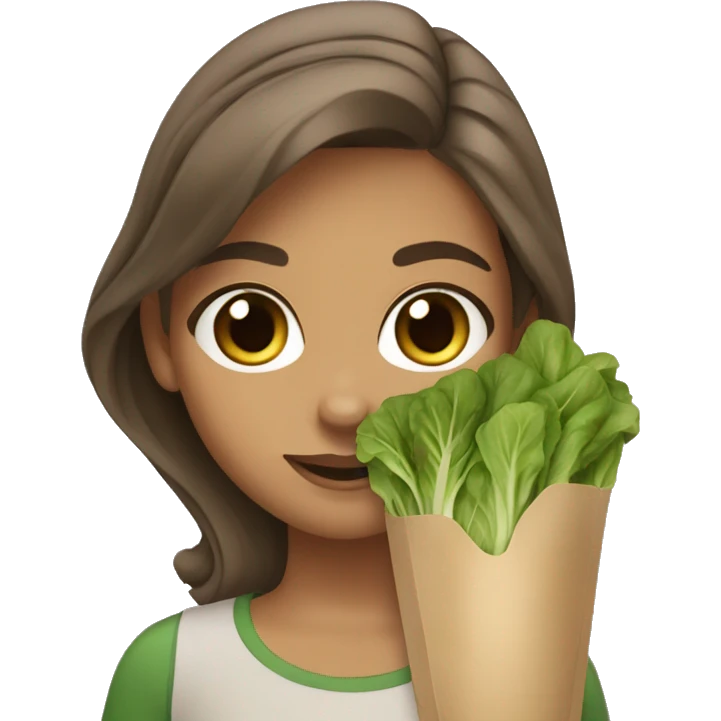 girl with brown hair light tan skin and brown and green eyes eating tender greens emoji