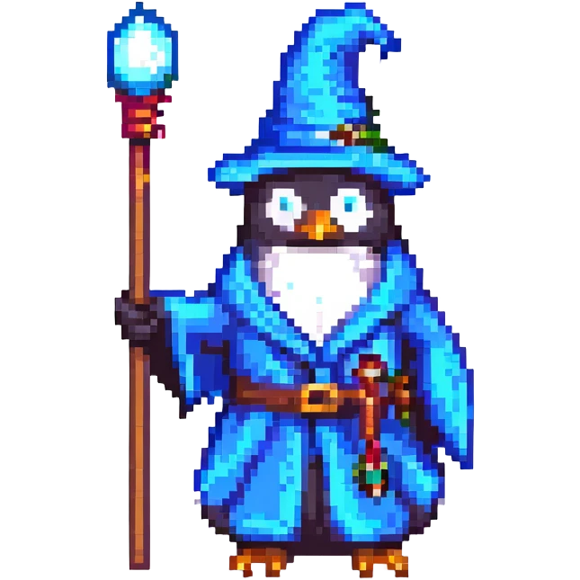 pixel art penguin wizard holding a wand, with a blue robe and hat emoji
