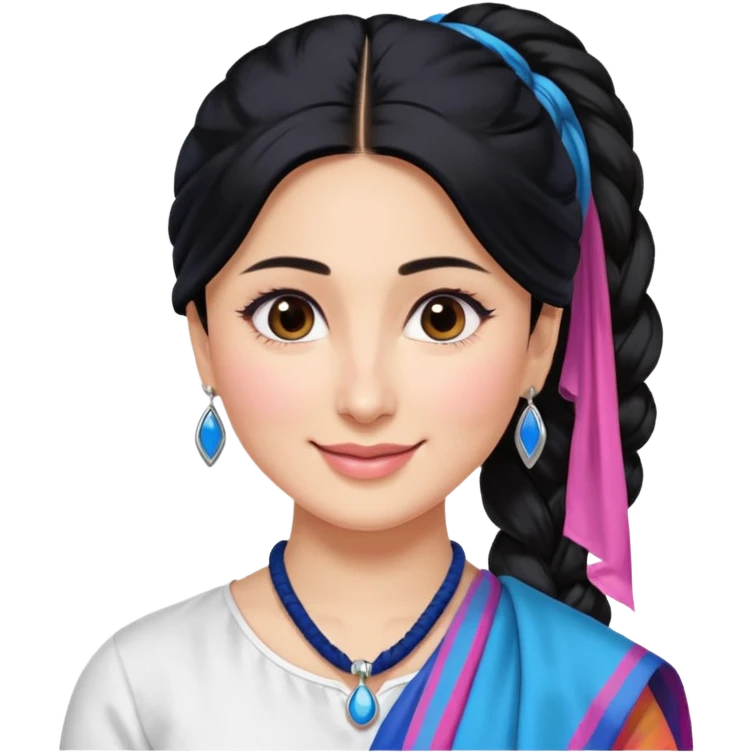 generate a pretty bratz emoji that looks like Kareena Kapoor's Geet character. 
Make her wear a white shirt with a colorful blue-pink dupatta wrapped around her neck. smiling big. Black hair tied into a side part ponytail, silver hoops

She should look exactly  like Kareena Kapoor emoji