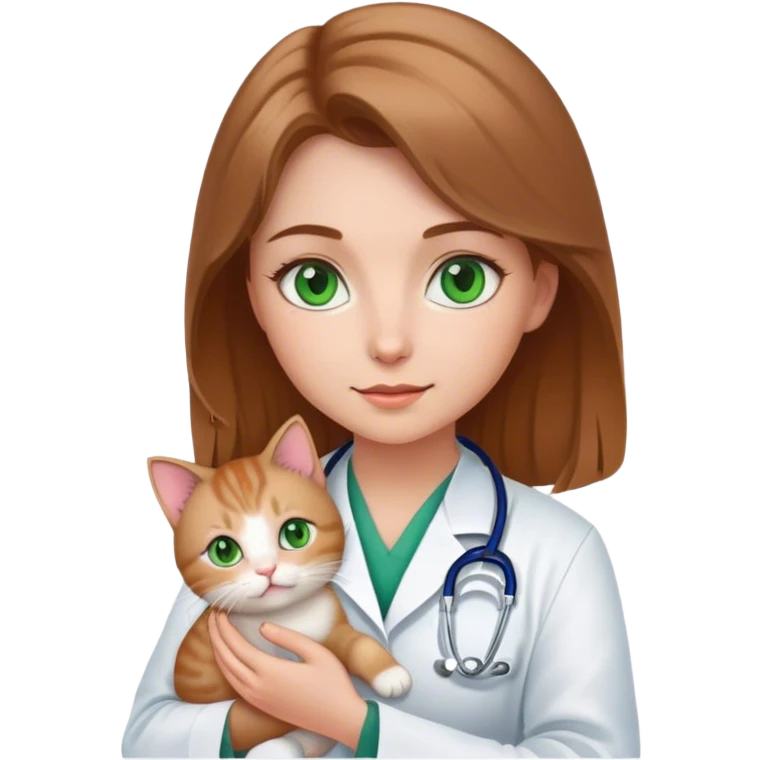 doctor girl with light brown hair green eyes holds a cute kitty emoji