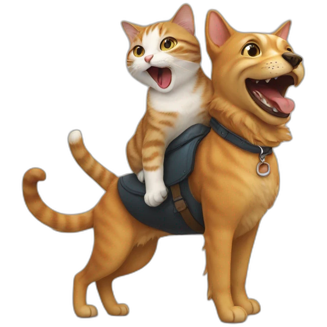 Cat riding a dog while laughing emoji