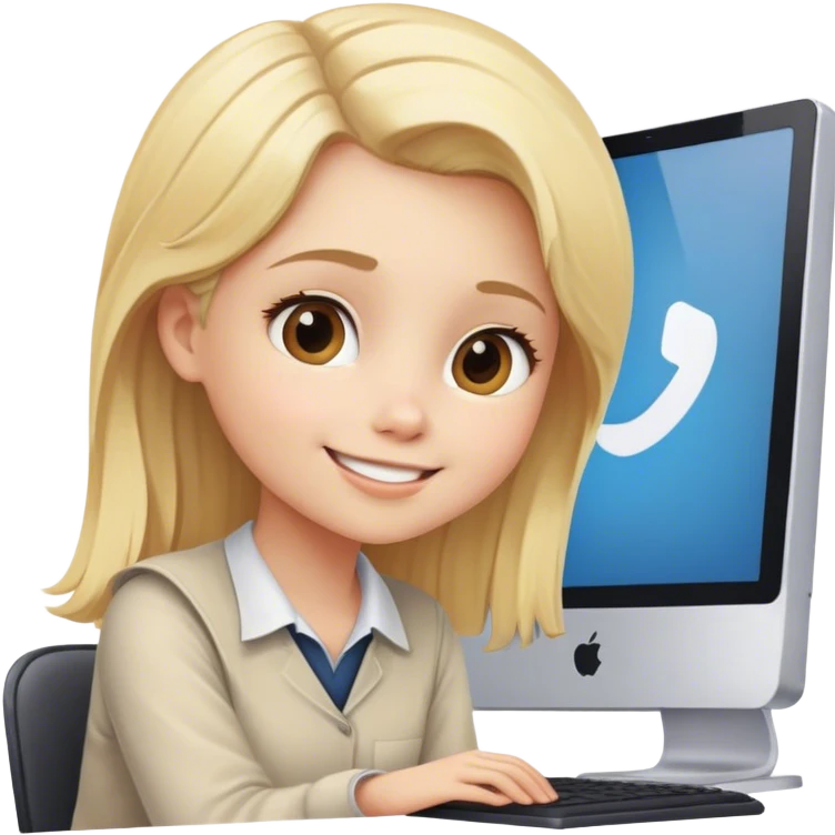 A blond girl sitting in front of a computer working but looking up towards you with a smile emoji