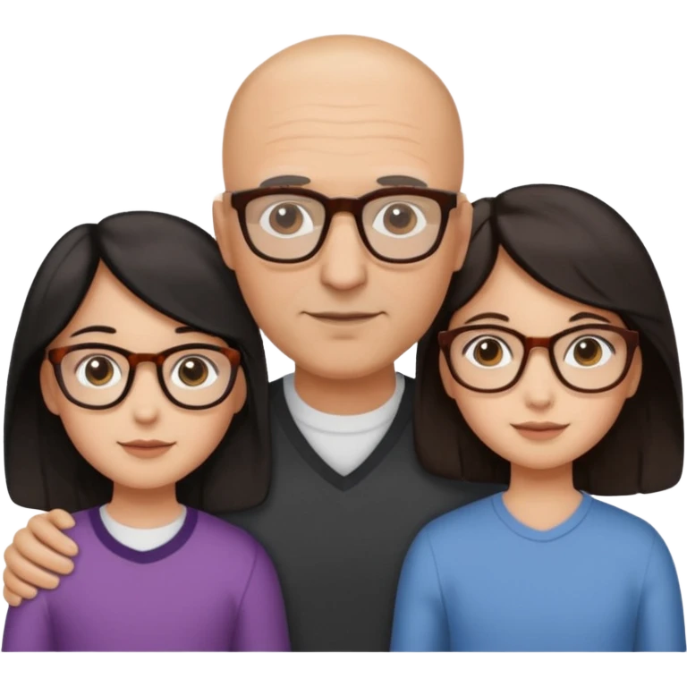 Papà calvo, mamma capelli neri occhi marroni, figlia capelli marroni mossi e occhiali tartarugati con montatura spessa occhi marroni, figlia capelli lisci marroni occhiali neri con montatura grande e fina occhi marroni  emoji