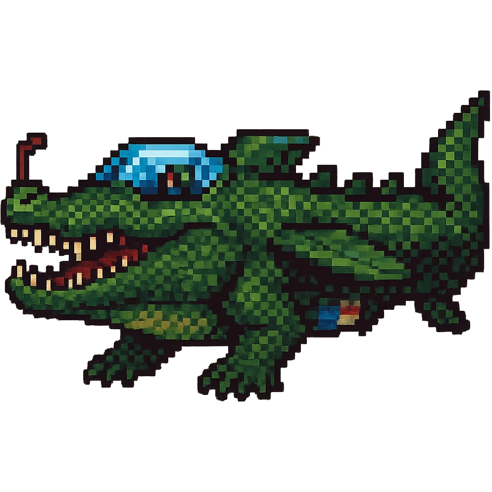 Make the war plane and crocodile fusion much more crocodile-like, emphasizing crocodile features such as the head, scales, teeth, and tail, while keeping the original pixel art style. Maintain a transparent background. emoji