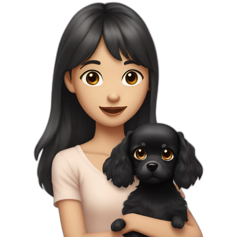 young girl with long wavy hair, short bangs, pale skin holding her little black chichuachua dog with big ears emoji