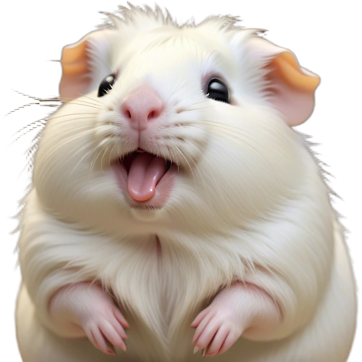Cinematic Cute Yawning White Guinea Pig Portrait Emoji, Head tilted slightly with a dramatic, wide-open yawn, revealing a soft, downy white fur with tiny drooping ears, round dark eyes barely open in drowsy contentment, Simplified yet irresistibly adorable features, highly detailed, glowing with a soft, cozy glow, high shine, relaxed yet expressive, stylized with a touch of whimsy, bright and endearing, soft glowing outline, capturing the essence of a sleepy yet affectionate guinea pig, so drowsy it feels like it could stretch right out of the screen and curl up for a nap! emoji